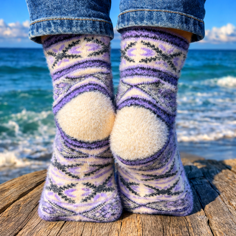 Angora Wool Socks – Ultra-Soft Fair Isle Pattern Socks (Malta Lavender)