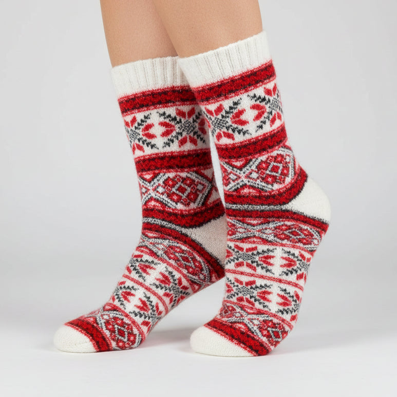 Red and white patterned sock on a white background