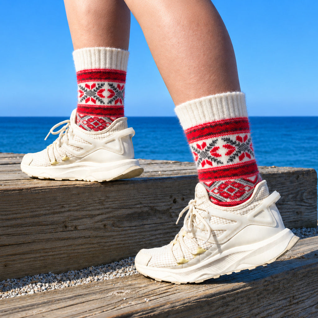 A close-up of a person's legs wearing cream-colored athletic sneakers and red, white, and green patterned knit socks, standing on wooden steps with the ocean and blue sky in the background.