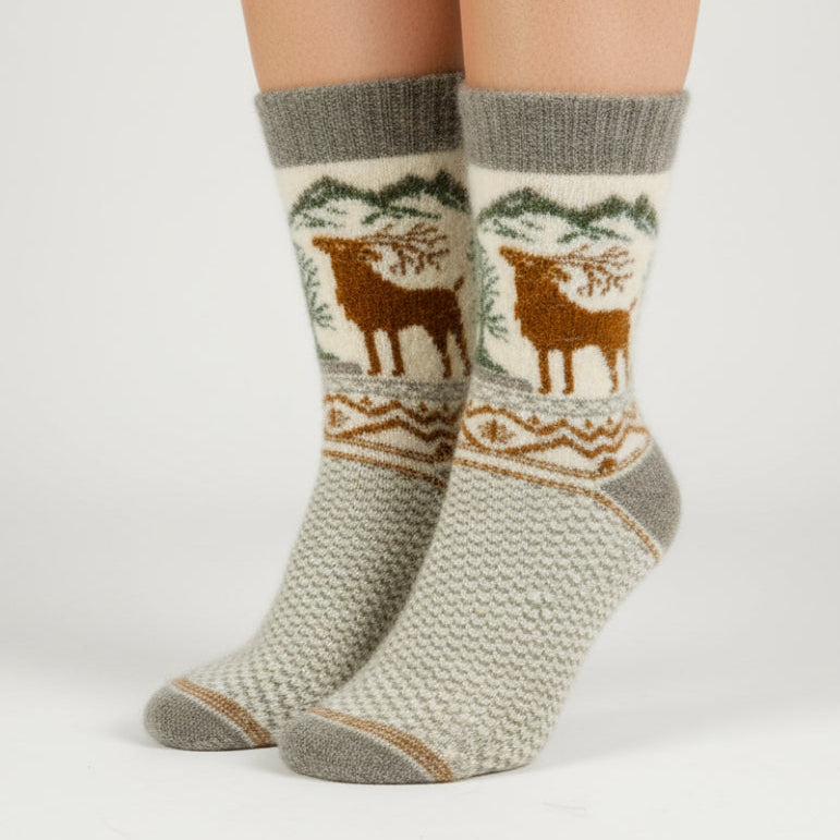 Angora Wool Socks – Ultra-Soft Reindeer Pattern Socks (Malus Grey)