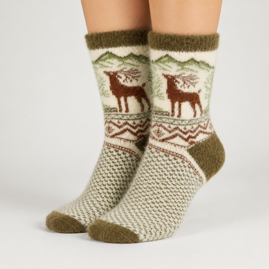Angora Wool Socks – Ultra-Soft Reindeer Pattern Socks (Malus Mocha)