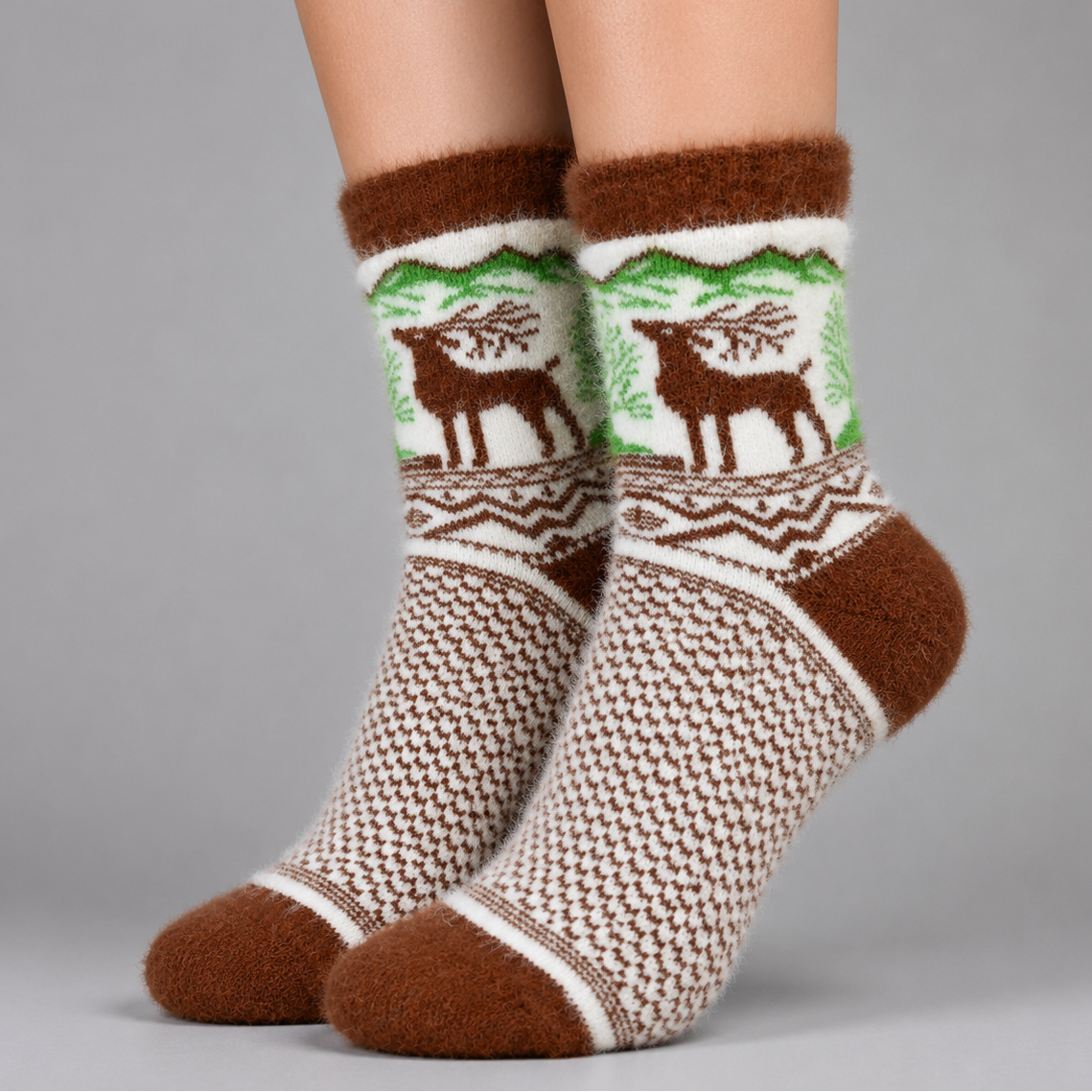A pair of crew socks worn on feet, featuring a brown and cream knit pattern with a green and brown deer design on the upper section, set against a solid gray background.