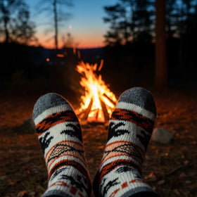 Feet wearing patterned socks by a campfire at sunset