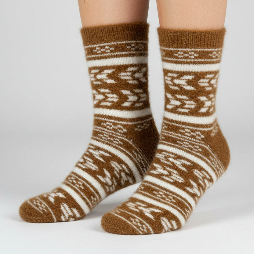 Brown and white patterned sock on a white background