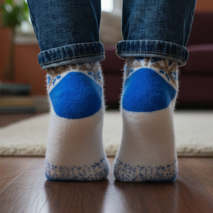 Person wearing blue and white patterned socks on a wooden floor.