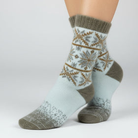 Knitted sock with a snowflake pattern on a white background