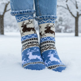 Knitted socks with reindeer pattern worn in the snow