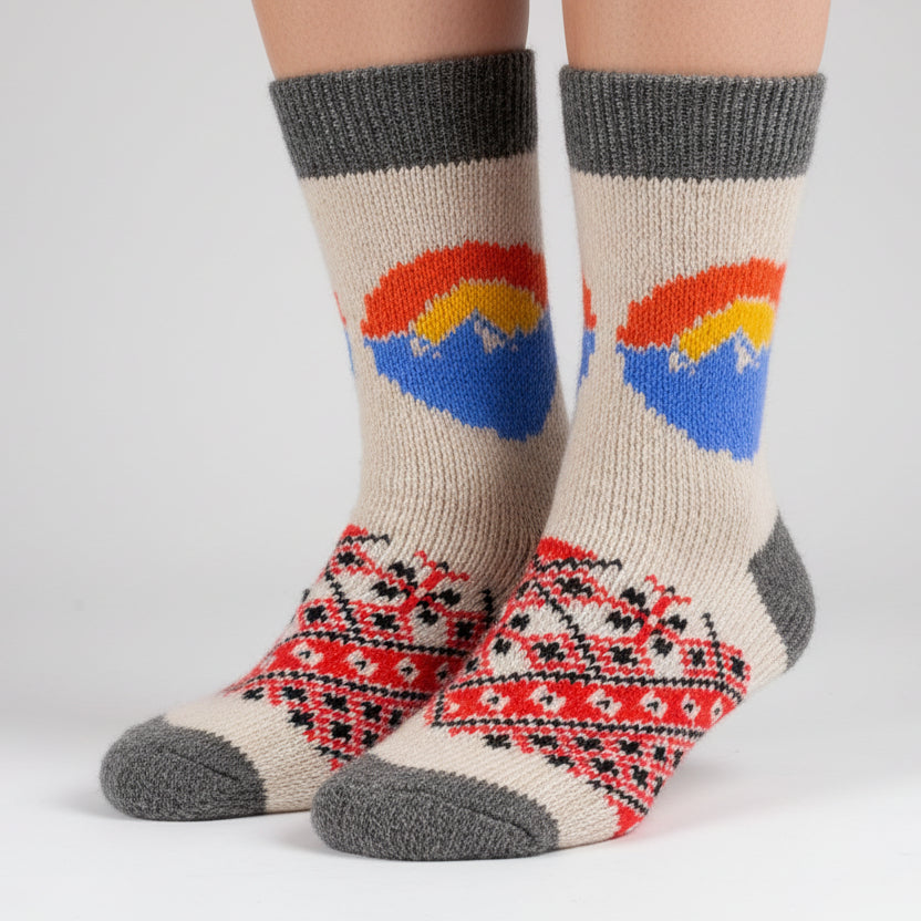 Sock with mountain design on a white background