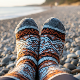 Striped socks on a pebbly beach with a blurred background