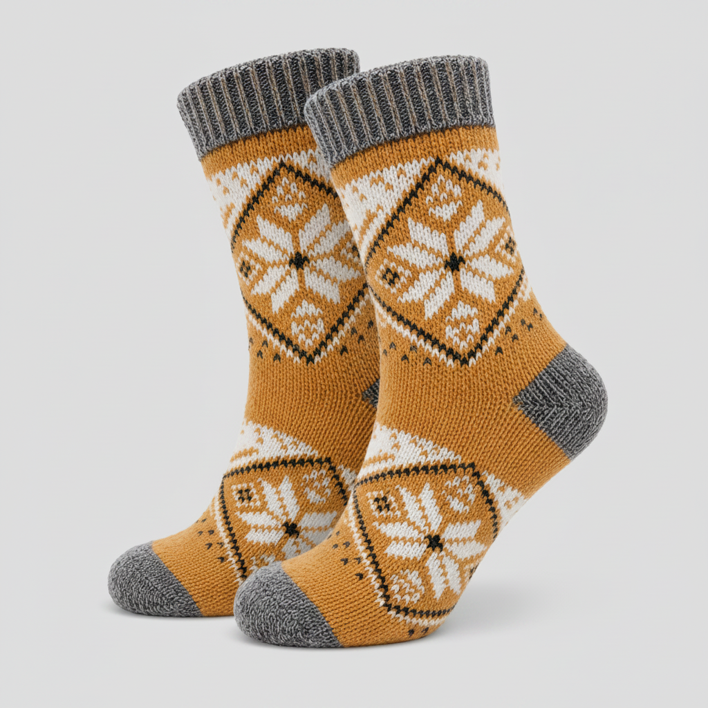 Pair of orange and gray patterned socks on a light grey background