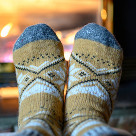 Pair of patterned socks with a blurred background
