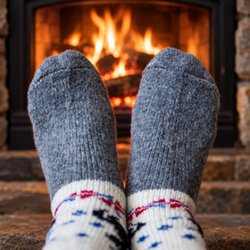 A pair of crew socks with a gray knit foot and leg section, a cream-colored upper cuff and leg section featuring a black reindeer and red and blue Nordic-style pattern, and ribbed cream cuffs.