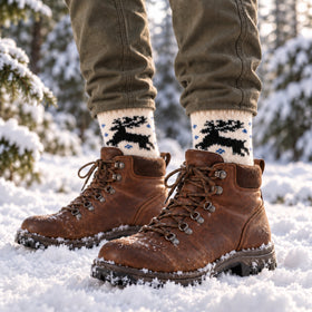 A pair of crew socks with a gray knit foot and leg section, a cream-colored upper cuff and leg section featuring a black reindeer and red and blue Nordic-style pattern, and ribbed cream cuffs.