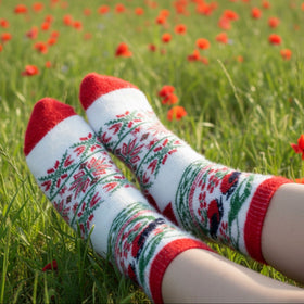 Person wearing patterned socks with red and white accents in a field of red flowers.