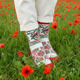 Person wearing patterned socks walking through a field of red poppies.