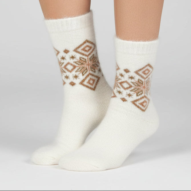White sock with brown geometric pattern on a white background