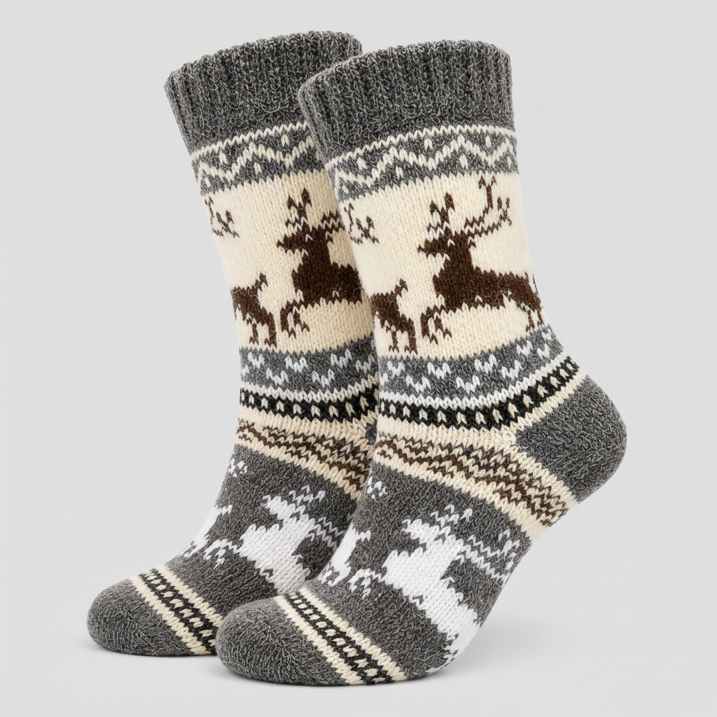 Pair of patterned socks with moose design on a white background