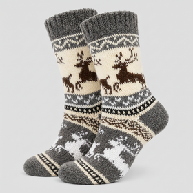 Pair of patterned socks with moose design on a white background